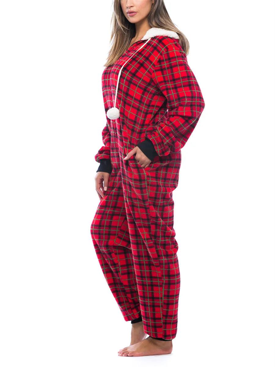 Plaid Hooded Christmas Jumpsuit Pajamas for Women