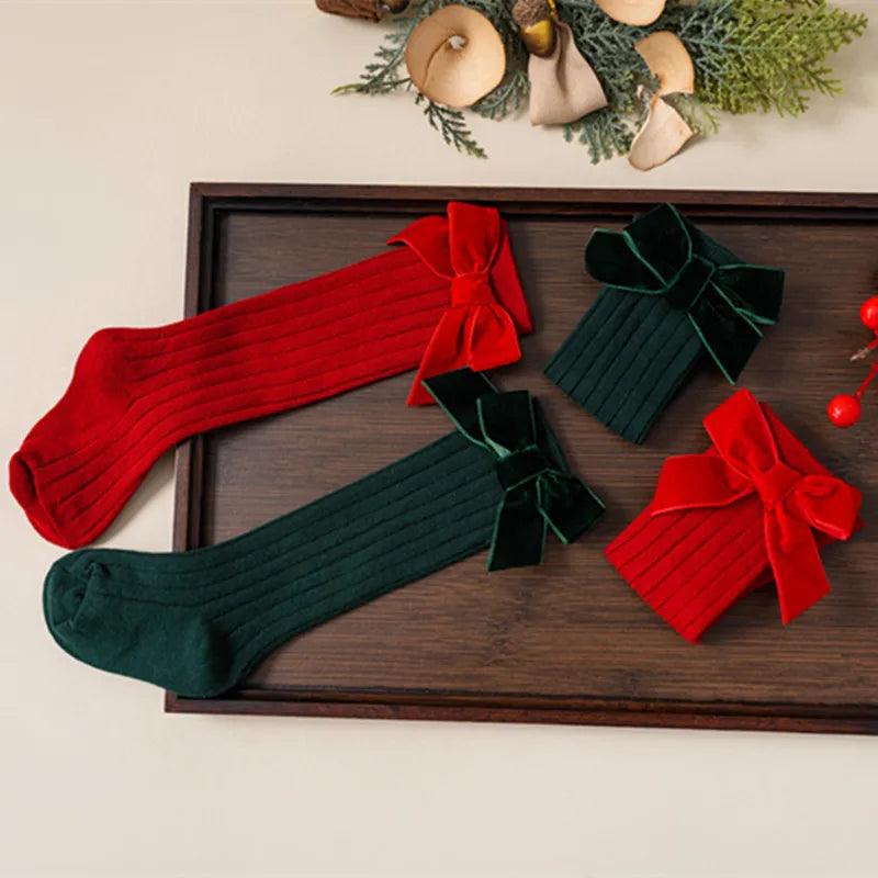 Christmas Bowknot Knee-High Baby Socks