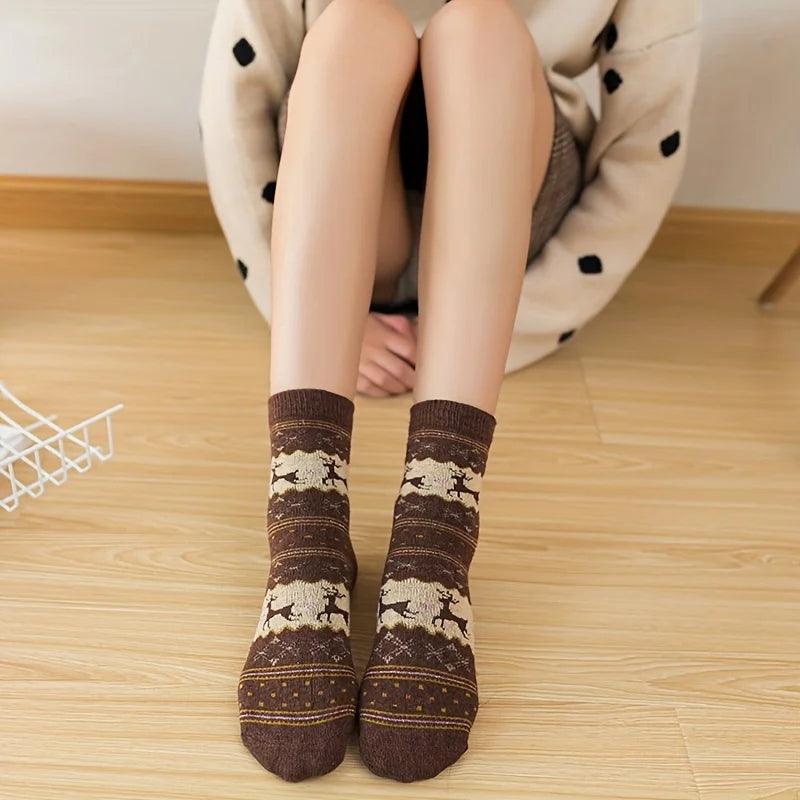 5 Pairs Christmas Elk Print Warm Socks