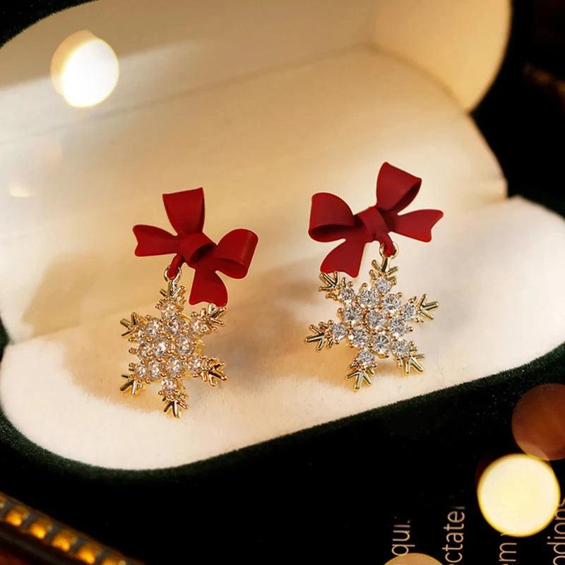 Red Bow Snowflake Drop Earrings