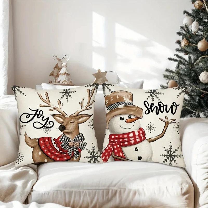 Christmas Snowman & Reindeer Pillow Cover