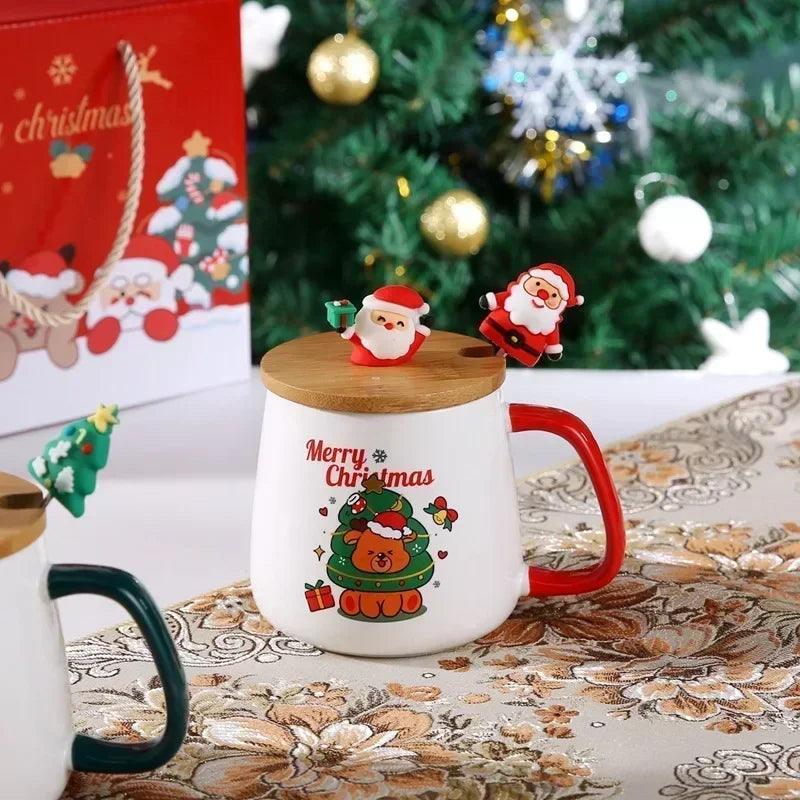 Christmas Ceramic Mug Set with Lid & Spoon