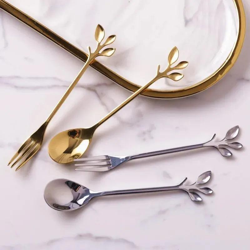 Stainless Steel Gold Tree Leaf Spoon Set (12 Pcs)