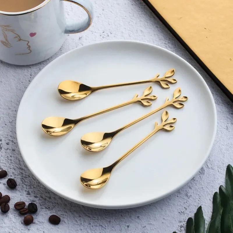 Stainless Steel Gold Tree Leaf Spoon Set (12 Pcs)